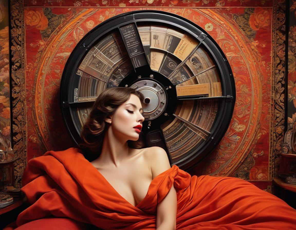 A surreal and evocative collage reflecting the themes of passion and critique, featuring a cinematic film reel interwoven with soft, flowing representations of desire. The background showcases iconic adult cinema imagery blended with art critiques and film culture elements, like popcorn and clapperboards. Vibrant colors illuminate the scene, creating a sense of allure and introspection. The composition should evoke a deep emotional response while maintaining an artistic flair. bold and conceptual art style. vibrant colors. cinematic elements.