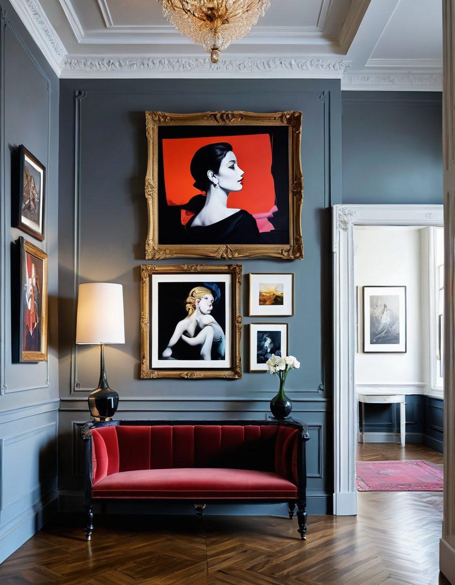 A visually striking scene depicting a fine art gallery with contrasting elements of classical art and modern adult film posters, layered with artistic tools like paintbrushes and cameras intertwined throughout. Soft light illuminates the sophisticated ambiance, while abstract shapes suggest the theme of navigating value between these two worlds. Incorporate a juxtaposition of elegance and edginess with rich textures. super-realistic. vibrant colors. modern artistic style.