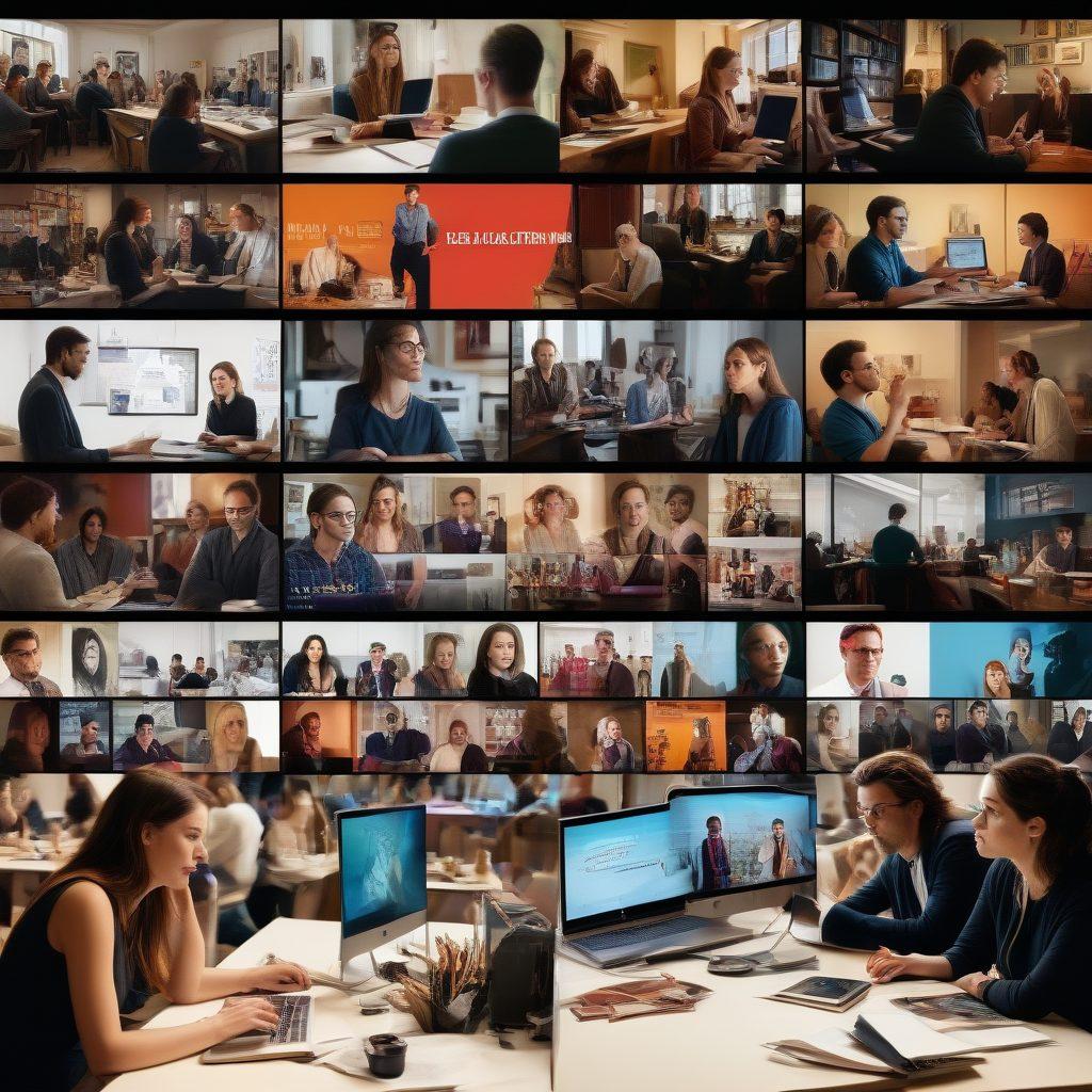 A split-screen image showcasing a film critic deeply engaged in writing a review on one side, surrounded by iconic stills from adult films, while on the other side, a group of diverse individuals engaged in a thoughtful discussion about adult content in a modern setting, with film reels and open laptops around them. The atmosphere should be dynamic and thought-provoking. super-realistic. vibrant colors. modern style.